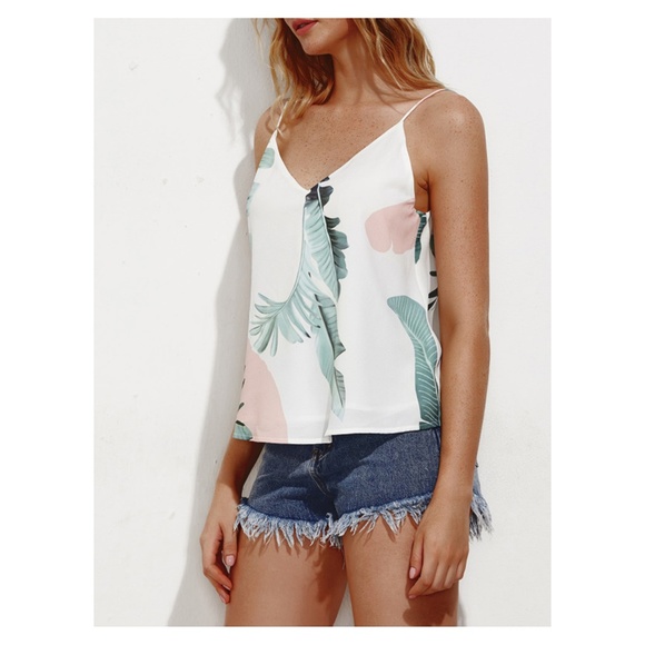 White Palm Print Sleeveless Cami Top - Picture 3 of 4